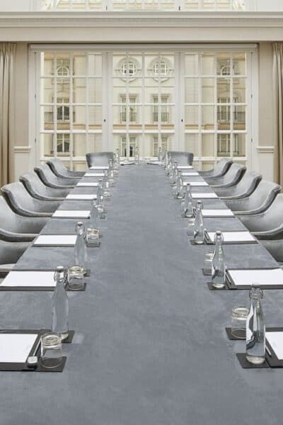 A boardroom laid out before a corporate meeting